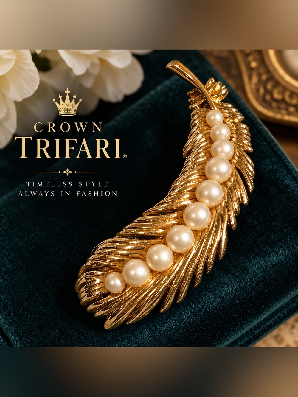 Crown Trifari Gold-tone Feather Brooch with Cream Pearls